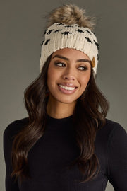 Fleur De Lis Pom Beanie Hat: Ivory/Black