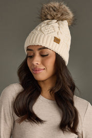 Cable Knit Pom Beanie Hat: Beige