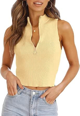 Allie Quarter Zip Ribbed Sleeveless Tank: Lemon