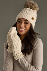 Cable Knit Pom Beanie Hat: Beige