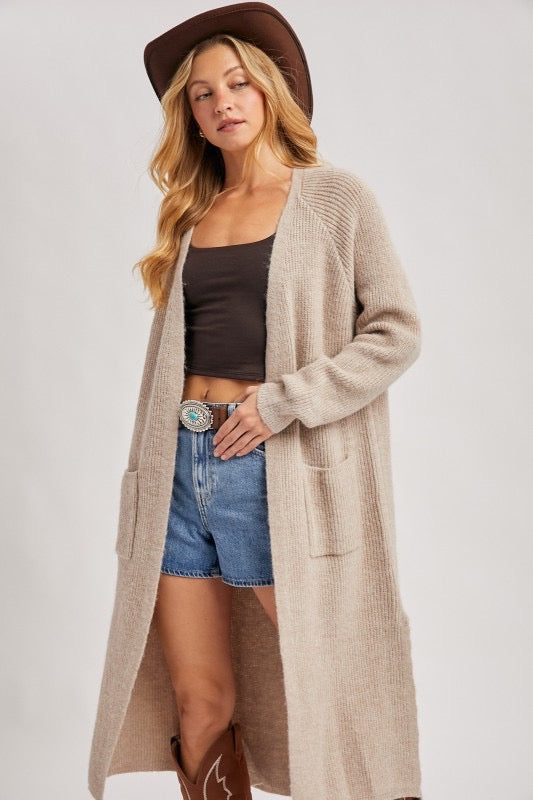 Maddie Open Front Side Slit Cardigan: Taupe