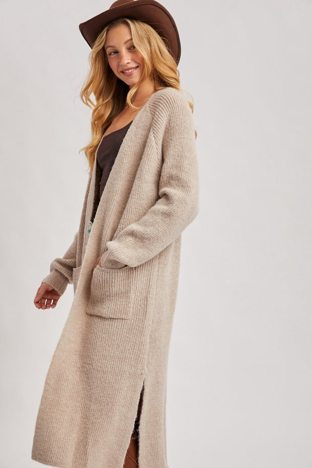 Maddie Open Front Side Slit Cardigan: Taupe