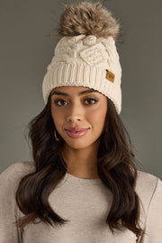 Cable Knit Pom Beanie Hat: Beige