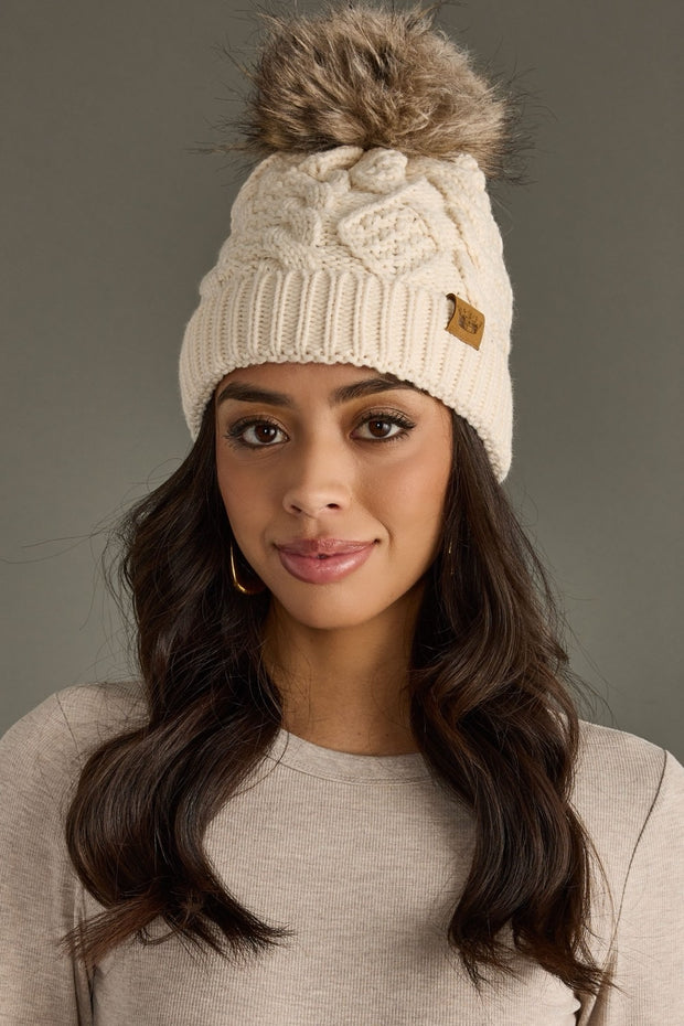 Cable Knit Pom Beanie Hat: Beige