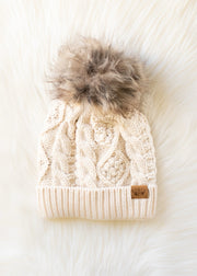 Cable Knit Pom Beanie Hat: Beige