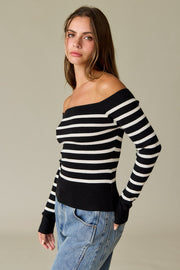 Bella Off Shoulder Knit Stripe Top: Black