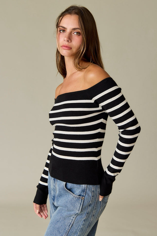 Bella Off Shoulder Knit Stripe Top: Black