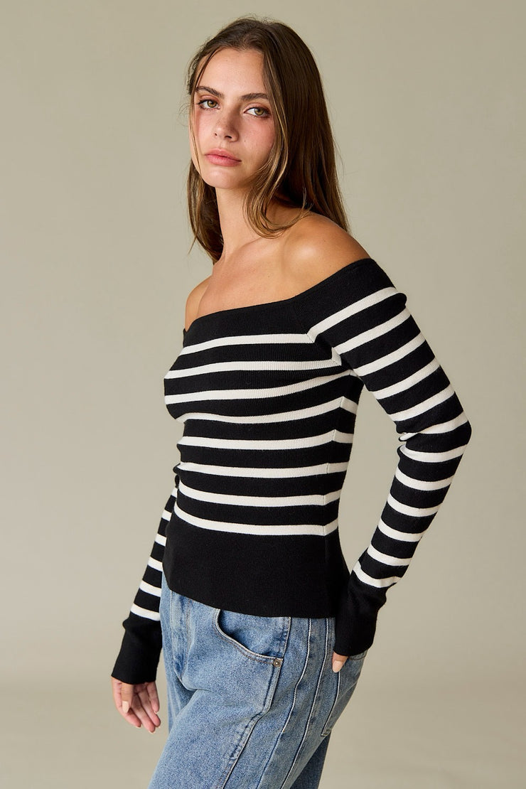 Bella Off Shoulder Knit Stripe Top: Black