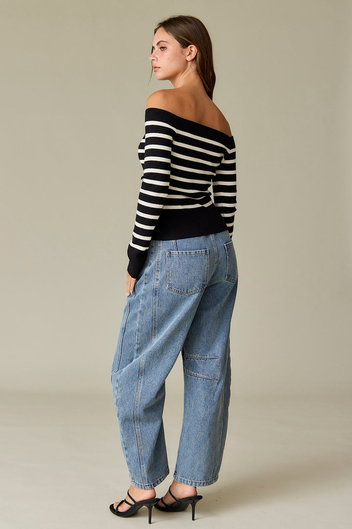 Bella Off Shoulder Knit Stripe Top: Black