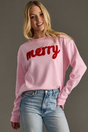 Merry Embroidered Crewneck Sweatshirt: Pink