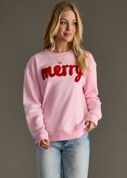 Merry Embroidered Crewneck Sweatshirt: Pink