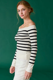 Bella Off Shoulder Knit Stripe Top: White