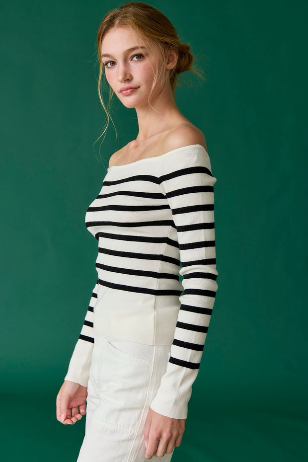 Bella Off Shoulder Knit Stripe Top: White