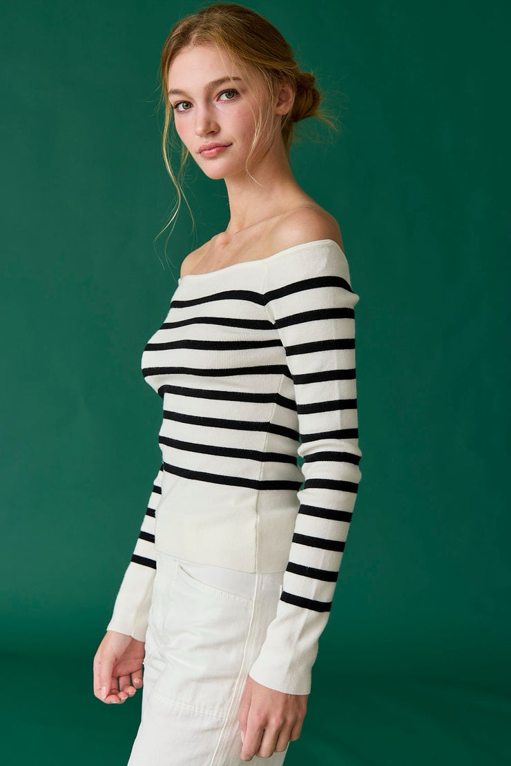 Bella Off Shoulder Knit Stripe Top: White