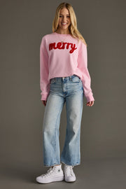 Merry Embroidered Crewneck Sweatshirt: Pink