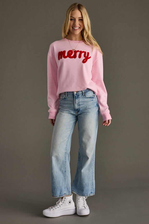 Merry Embroidered Crewneck Sweatshirt: Pink