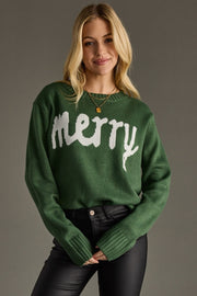 MERRY Knit Crewneck Sweater: Forest Green