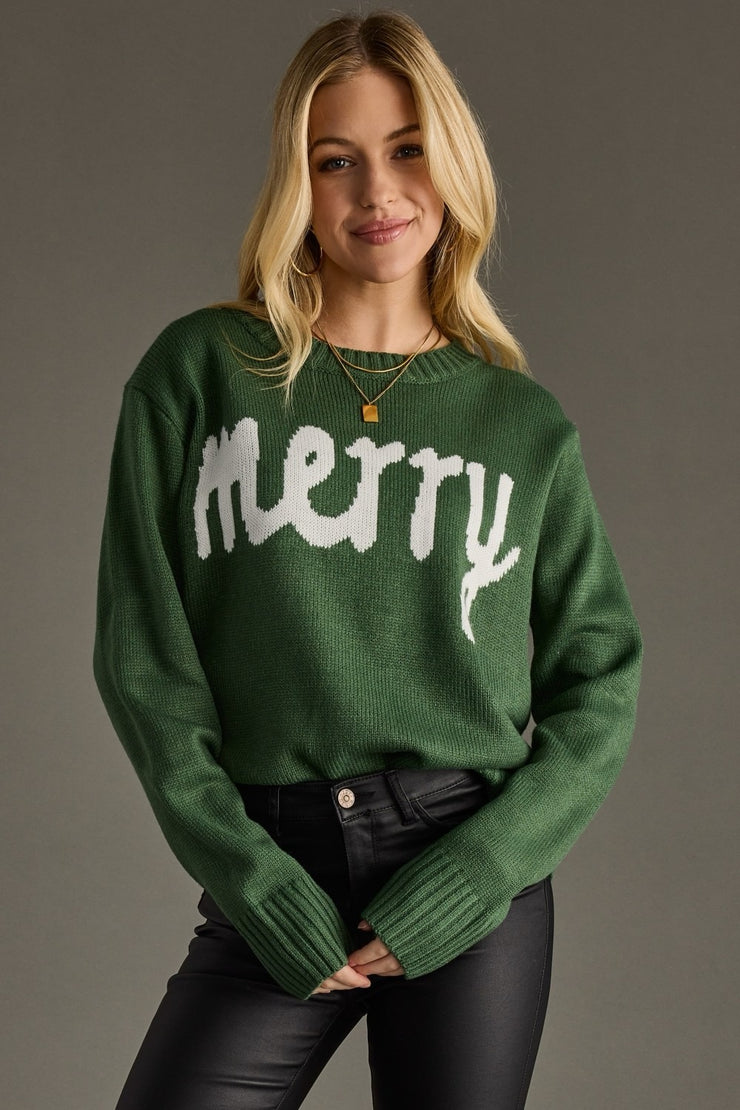 MERRY Knit Crewneck Sweater: Forest Green
