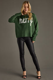 MERRY Knit Crewneck Sweater: Forest Green