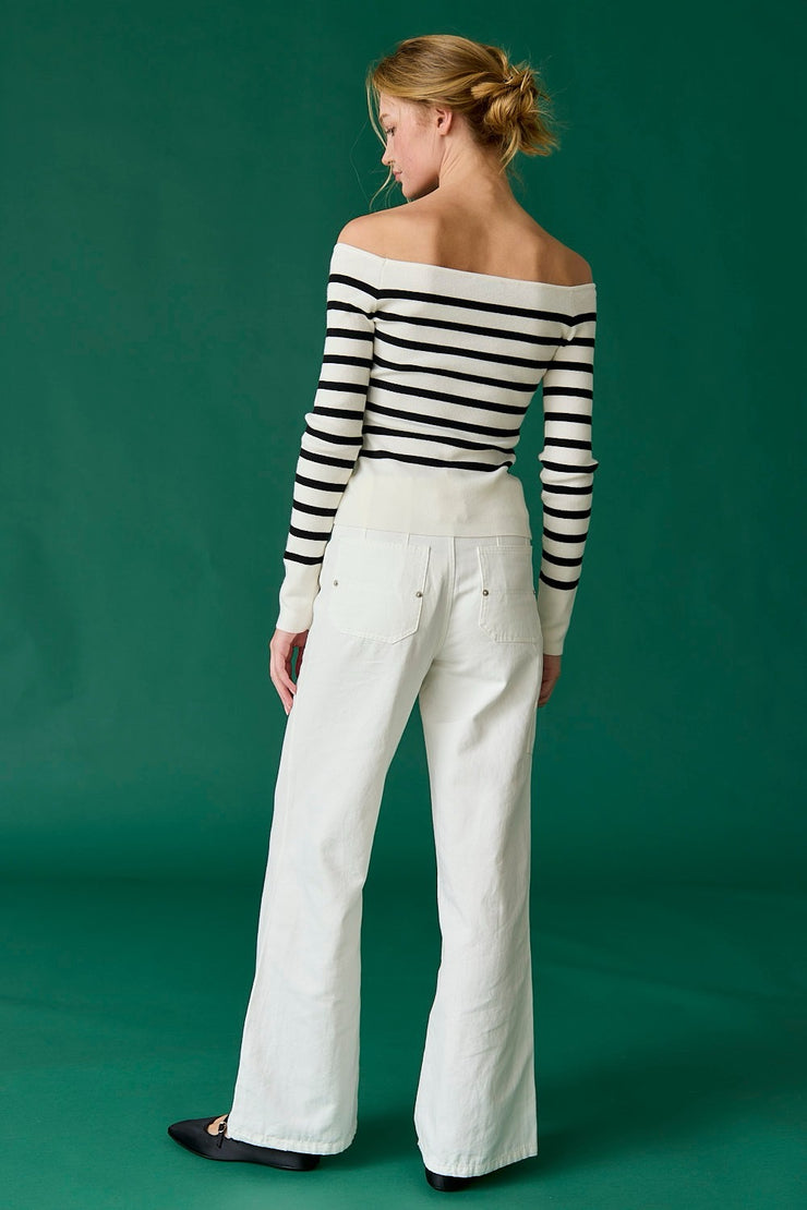 Bella Off Shoulder Knit Stripe Top: White