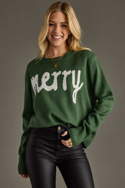 MERRY Knit Crewneck Sweater: Forest Green