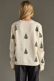 Oh, Christmas Tree Embroidered Knit Sweater: Ivory