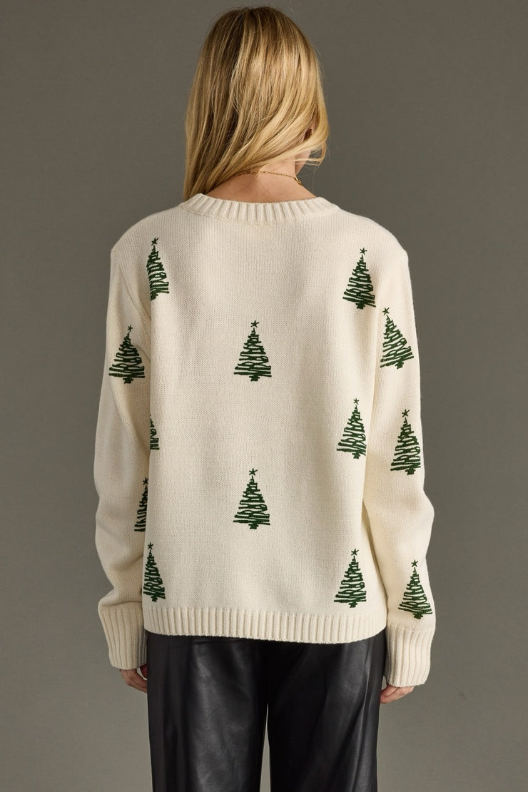 Oh, Christmas Tree Embroidered Knit Sweater: Ivory