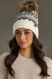 Ski Bunny Faux Fur Pom Fleece Lined Beanie Hat: Ivory