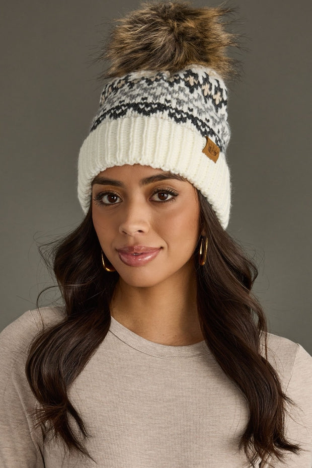 Ski Bunny Faux Fur Pom Fleece Lined Beanie Hat: Ivory