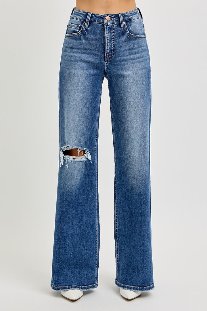 Risen Mia Tummy Control High Rise Wide Leg Distressed Jeans