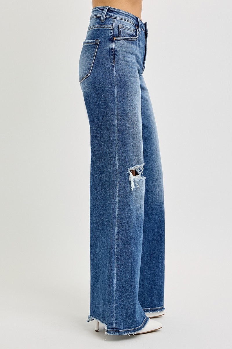 Risen Mia Tummy Control High Rise Wide Leg Distressed Jeans