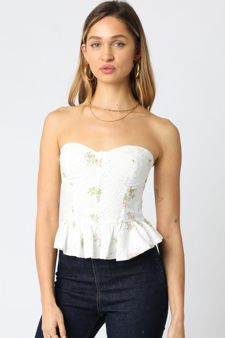 Suzanna Eyelet Corset Ruffle Trim Top