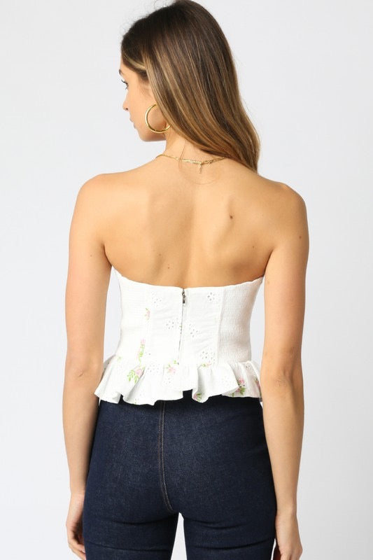 Suzanna Eyelet Corset Ruffle Trim Top