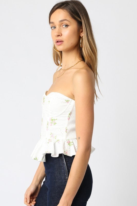 Suzanna Eyelet Corset Ruffle Trim Top