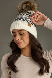 Ski Bunny Faux Fur Pom Fleece Lined Beanie Hat: Ivory