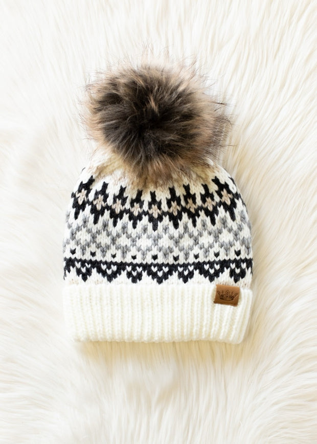 Ski Bunny Faux Fur Pom Fleece Lined Beanie Hat: Ivory