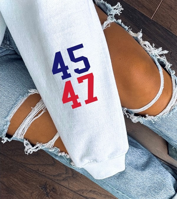 Trump USA Flag 45-47 Cozy Graphic Sweatshirt: White