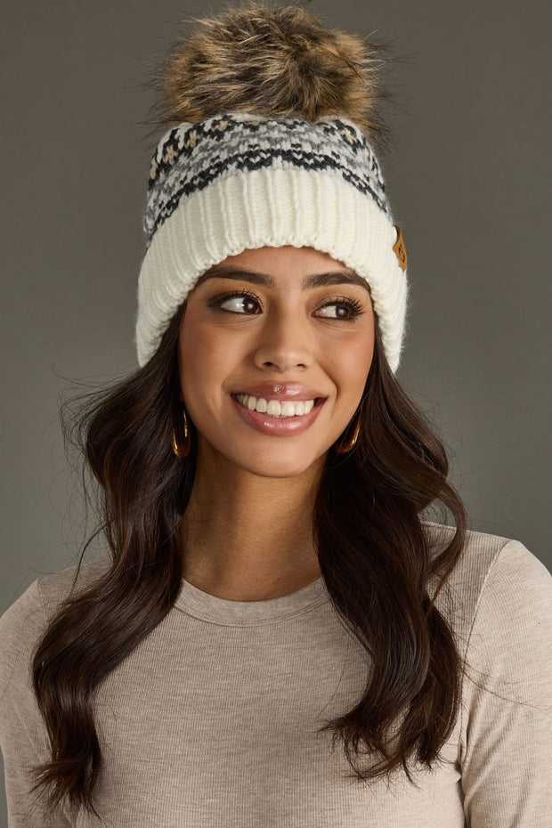 Ski Bunny Faux Fur Pom Fleece Lined Beanie Hat: Ivory