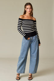 Bella Off Shoulder Knit Stripe Top: Black