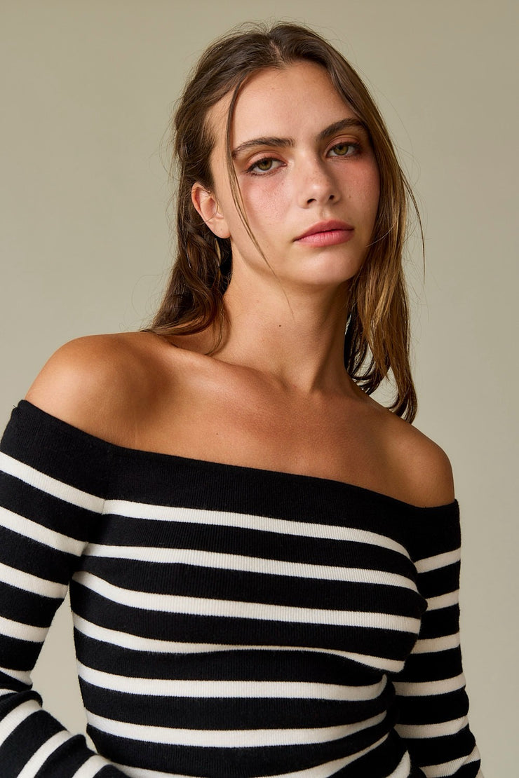 Bella Off Shoulder Knit Stripe Top: Black