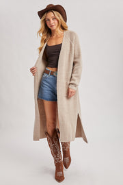 Maddie Open Front Side Slit Cardigan: Taupe