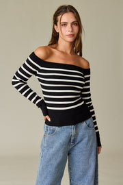 Bella Off Shoulder Knit Stripe Top: Black