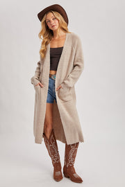 Maddie Open Front Side Slit Cardigan: Taupe