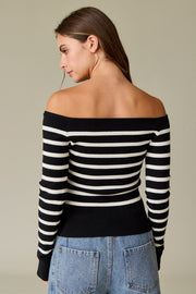 Bella Off Shoulder Knit Stripe Top: Black