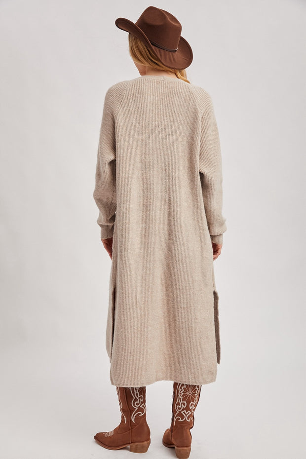 Maddie Open Front Side Slit Cardigan: Taupe