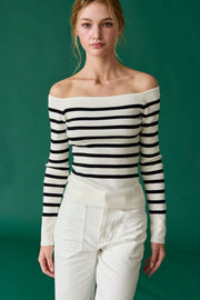Bella Off Shoulder Knit Stripe Top: White