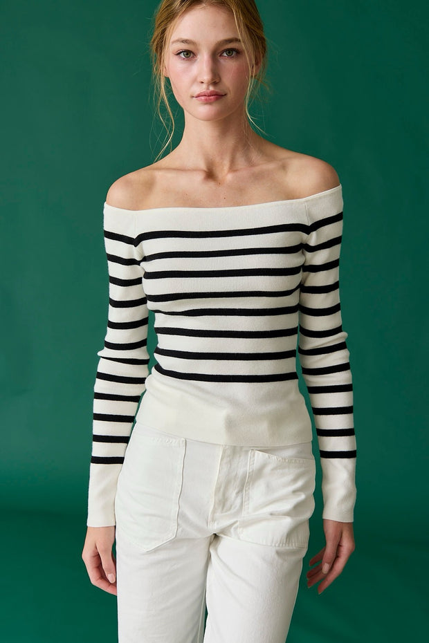 Bella Off Shoulder Knit Stripe Top: White