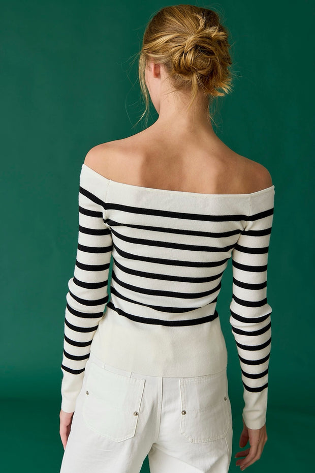 Bella Off Shoulder Knit Stripe Top: White