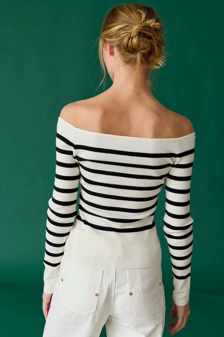 Bella Off Shoulder Knit Stripe Top: White