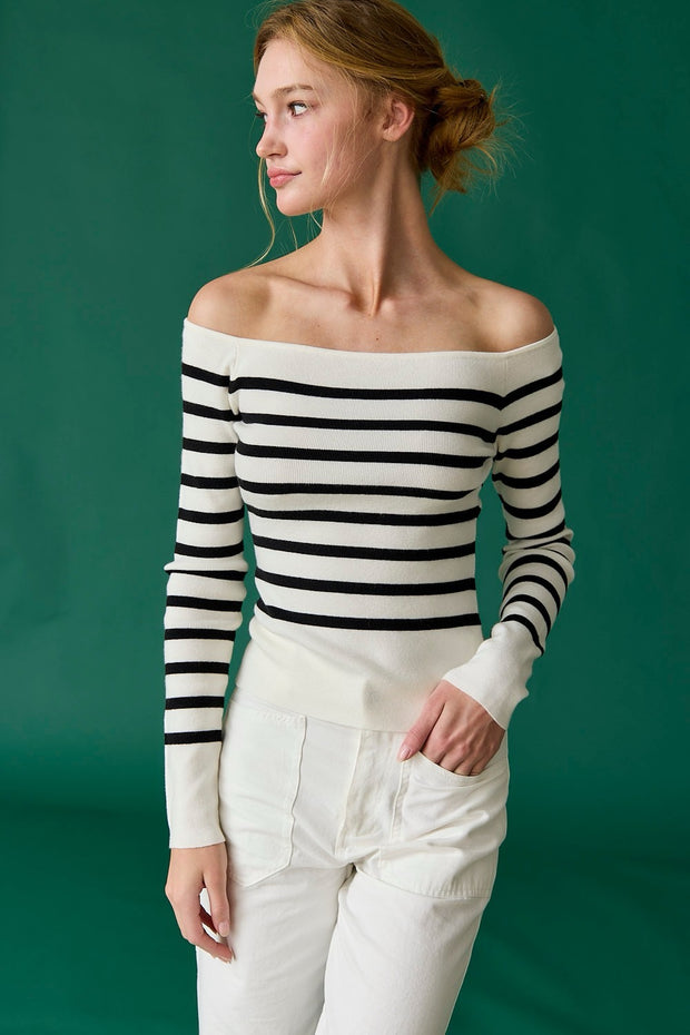 Bella Off Shoulder Knit Stripe Top: White